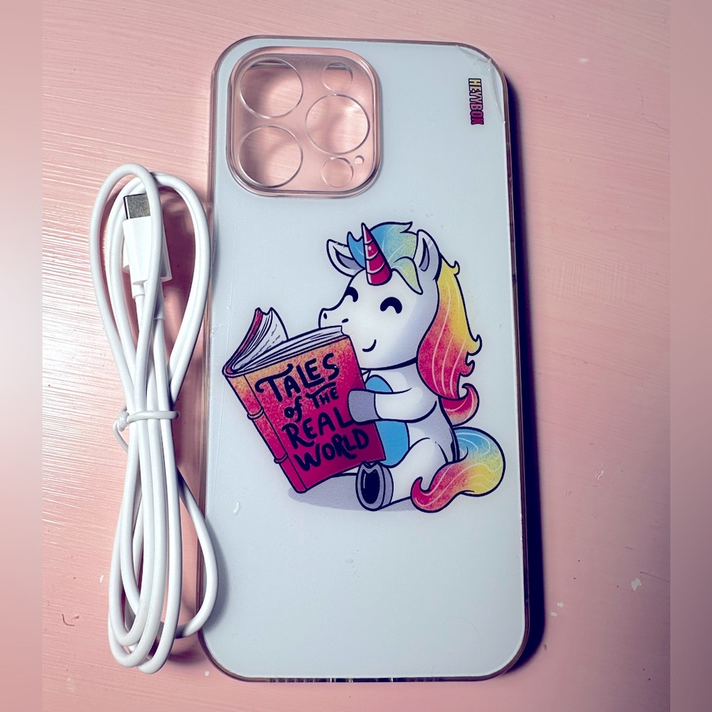 iPhone 14 Pro Max Unicorn LED Light up case reading book white